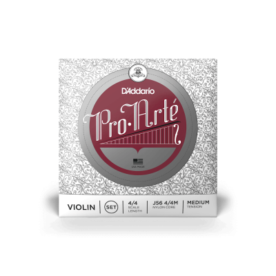 Embalagem de cordas para violino D'Addario Pro-Arte com design branco, cinzento e vermelho