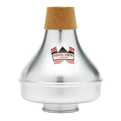 Silenciador metálico prateado para instrumento musical com tampa de cortiça e etiqueta DENIS WICK LONDON