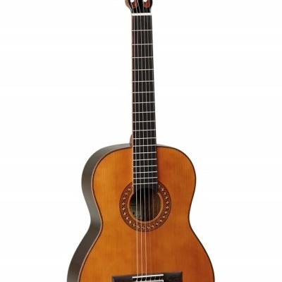 Guitarra clássica de madeira castanha com detalhes decorativos no corpo e cabeça preta