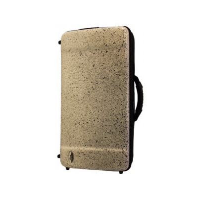 Mala rígida bege com padrão de manchas pretas e alça lateral preta