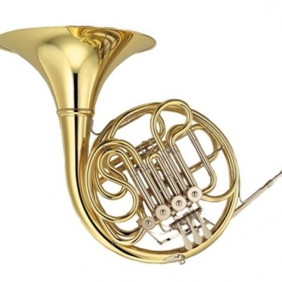 Trompa francesa dourada com válvulas prateadas sobre fundo branco