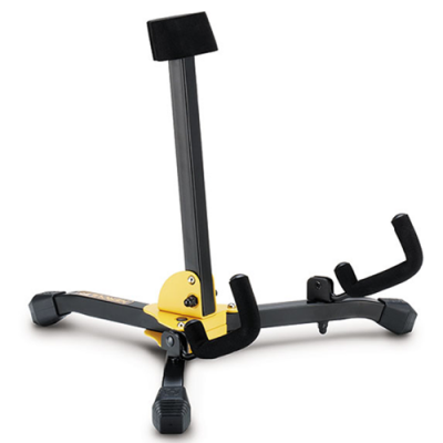 Suporte para guitarra metálico preto com apoio amarelo e partes acolchoadas.