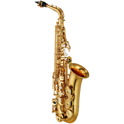 Saxofone alto dourado com bocal preto em fundo branco