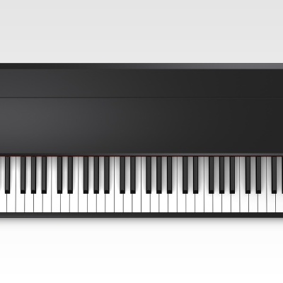 Piano digital preto compacto com 88 teclas em fundo branco