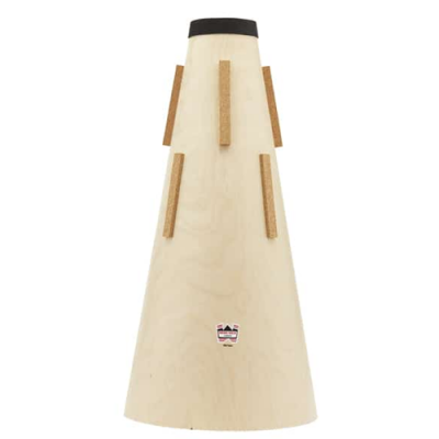 Surdina para trompete em madeira clara com tiras de cortiça e selo W Anderson Design USA