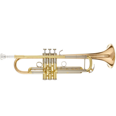 Trompete dourado em metal com pistões e bocal prateado