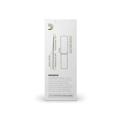 Embalagem branca com texto verde e preto e ilustração de perfil longo e estreito