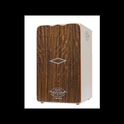 Cajón musical de madeira com frente escura e texturas visíveis