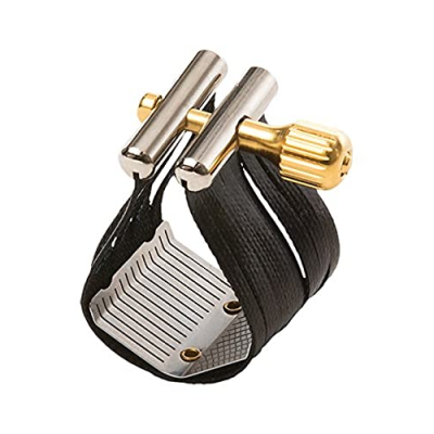 Abraçadeira para instrumento musical em metal cromado com parafuso dourado e fita preta