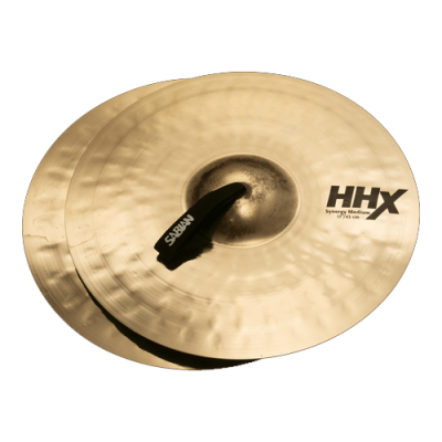 Par de pratos de percussão dourados com logótipo HHX e apoio preto SABIAN