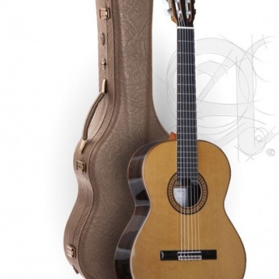 Guitarra clássica de madeira natural com estojo rígido castanho ao lado