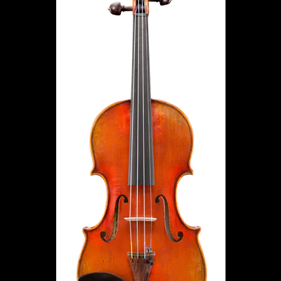 Violino de madeira castanho alaranjado com quatro cordas e queixeira preta