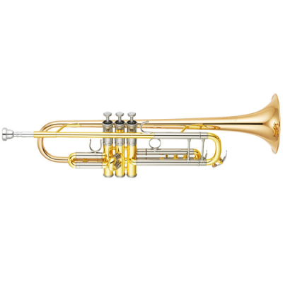 Trompete dourado com pistões prateados numa imagem com fundo branco