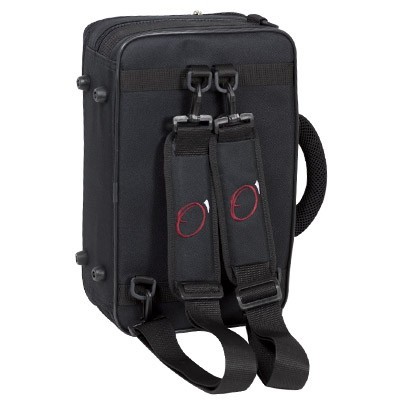 Estojo ou mala preta vertical com alças acolchoadas e pega lateral