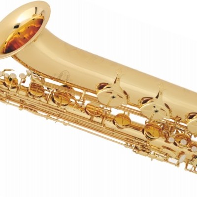 Saxofone tenor dourado com chaves metálicas e bocal preto