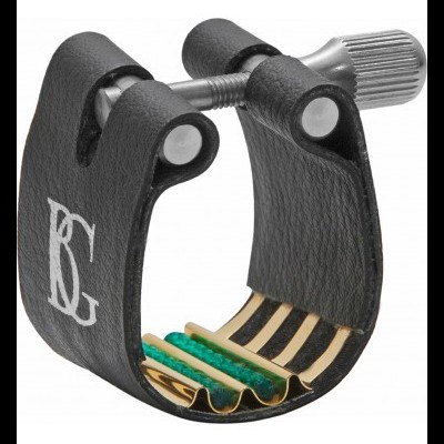 Abraçadeira para instrumento musical em couro preto com ajuste de parafuso