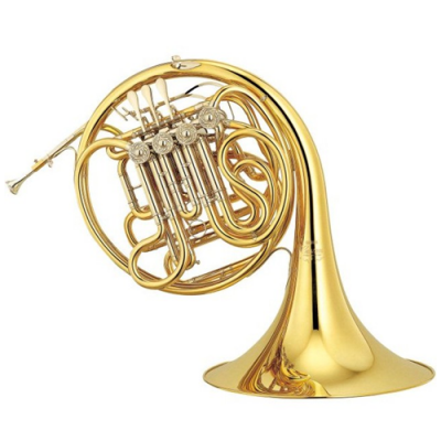 Trompa dourada em metal brilhante com válvulas e tubos enrolados