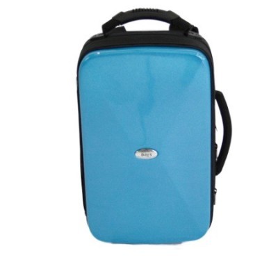 Mala pequena rígida azul com etiqueta metálica 'BAGS'