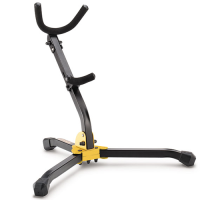 Suporte para instrumento musical preto com detalhes amarelos e acolchoamento