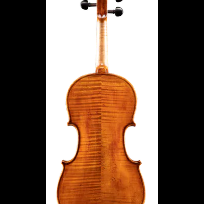 Violino de madeira castanha visto de trás, com cravelhas negras