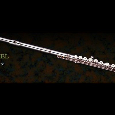 Flauta transversal prateada com texto promocional em fundo escuro