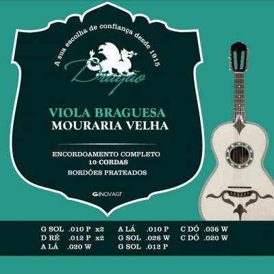 Embalagem de cordas para viola braguesa com ilustração da viola e texto