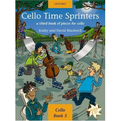 Livro Cello Time Sprinters com ilustração colorida de crianças a patinar e tocar violoncelo