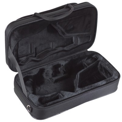 Estojo preto para instrumento com interior forrado e divisórias acolchoadas