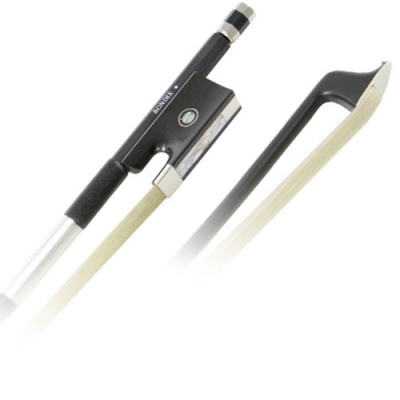 Arco de violino com madeira escura e crina clara com detalhes metálicos