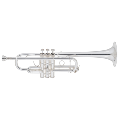 Trompete prateado com válvulas e botões sobre fundo branco