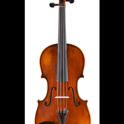 Violino de madeira castanho brilhante com cordas e queixeira preta