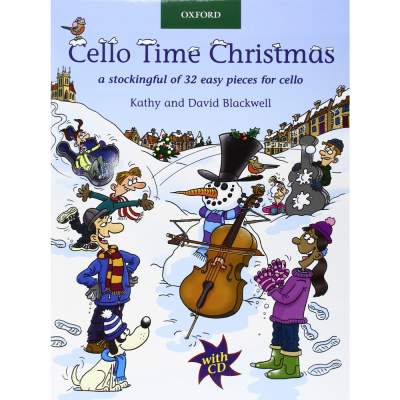 Capa do livro Cello Time Christmas com boneco de neve a tocar violoncelo e pessoas à volta na neve