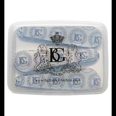 Caixa plástica transparente com blocos de lixa para unha brancos e azuis da marca BG Franck Bichon