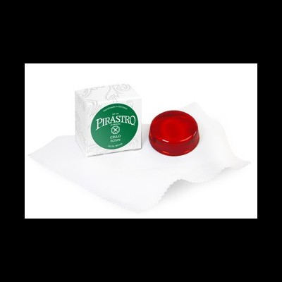 Colofón vermelho da Pirastro com embalagem verde e branca e pano branco