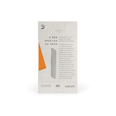 Embalagem de palheta musical branca e laranja da marca VENN com texto informativo