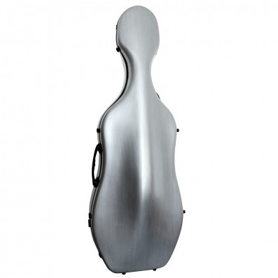 Estojo rígido metálico prateado para violoncelo com alça preta