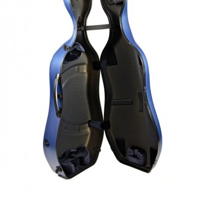 Estojo rígido azul para violoncelo aberto com interior preto acolchoado