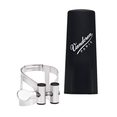 Braçadeira metálica prateada para clarinete com capa preta da marca Vandoren