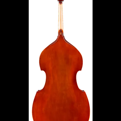 Contrabaixo acústico visto de trás em cor castanha-avermelhada