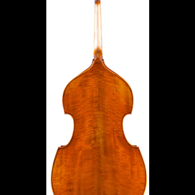 Contrabaixo de madeira castanho alaranjado visto de trás com veios naturais