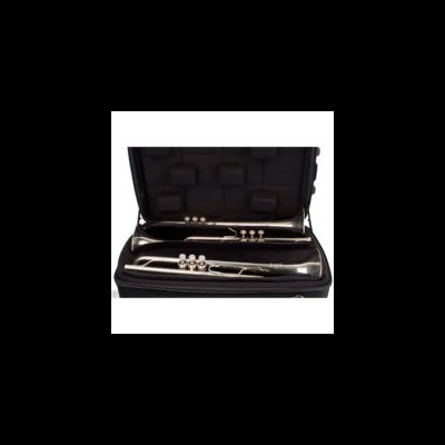 Duas trompetas prateadas dentro de estojo acolchoado preto aberto