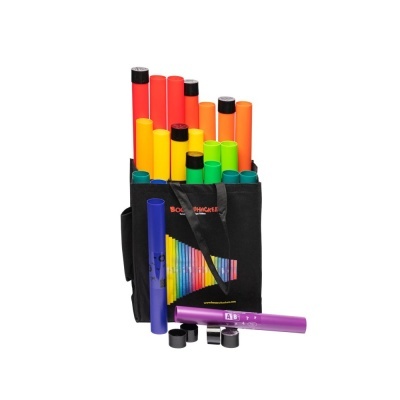 Conjunto de tubos musicais coloridos numa mala preta