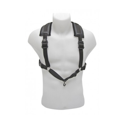 peitoral ajustável preto com alças acolchoadas e fivela de ajuste num manequim branco