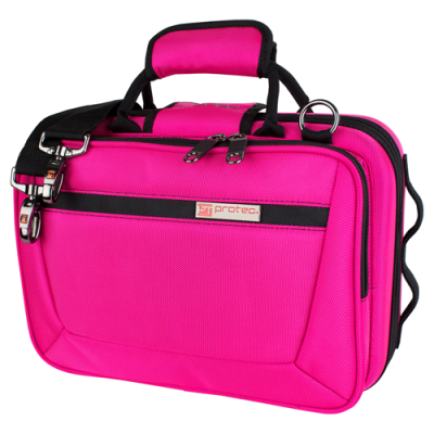 mala porta-documentos cor-de-rosa com detalhes pretos e fechos metálicos