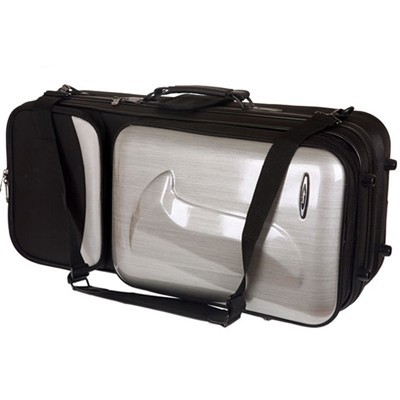 Estojo de instrumento musical preto e prateado com alças ajustáveis