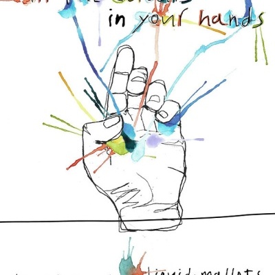 Cartaz com desenho de mão e pinceladas coloridas, texto em inglês e nome do autor