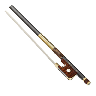 Arco para violino com madeira escura, metal ouro e tecido branco