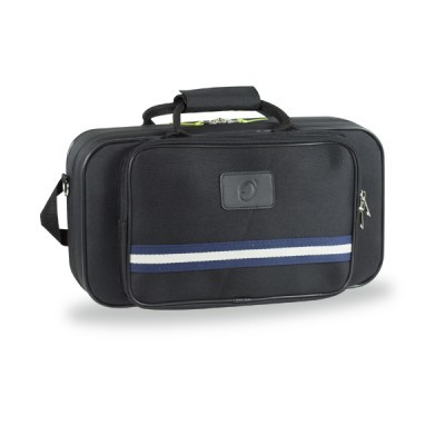 Mala preta com pega almofadada e faixa azul e branca