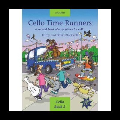 Capa do livro 'Cello Time Runners' com ilustração colorida de pessoas, um veículo e festa ao ar livre