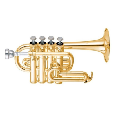 Trompete dourado com quatro pistões prateados em fundo branco
